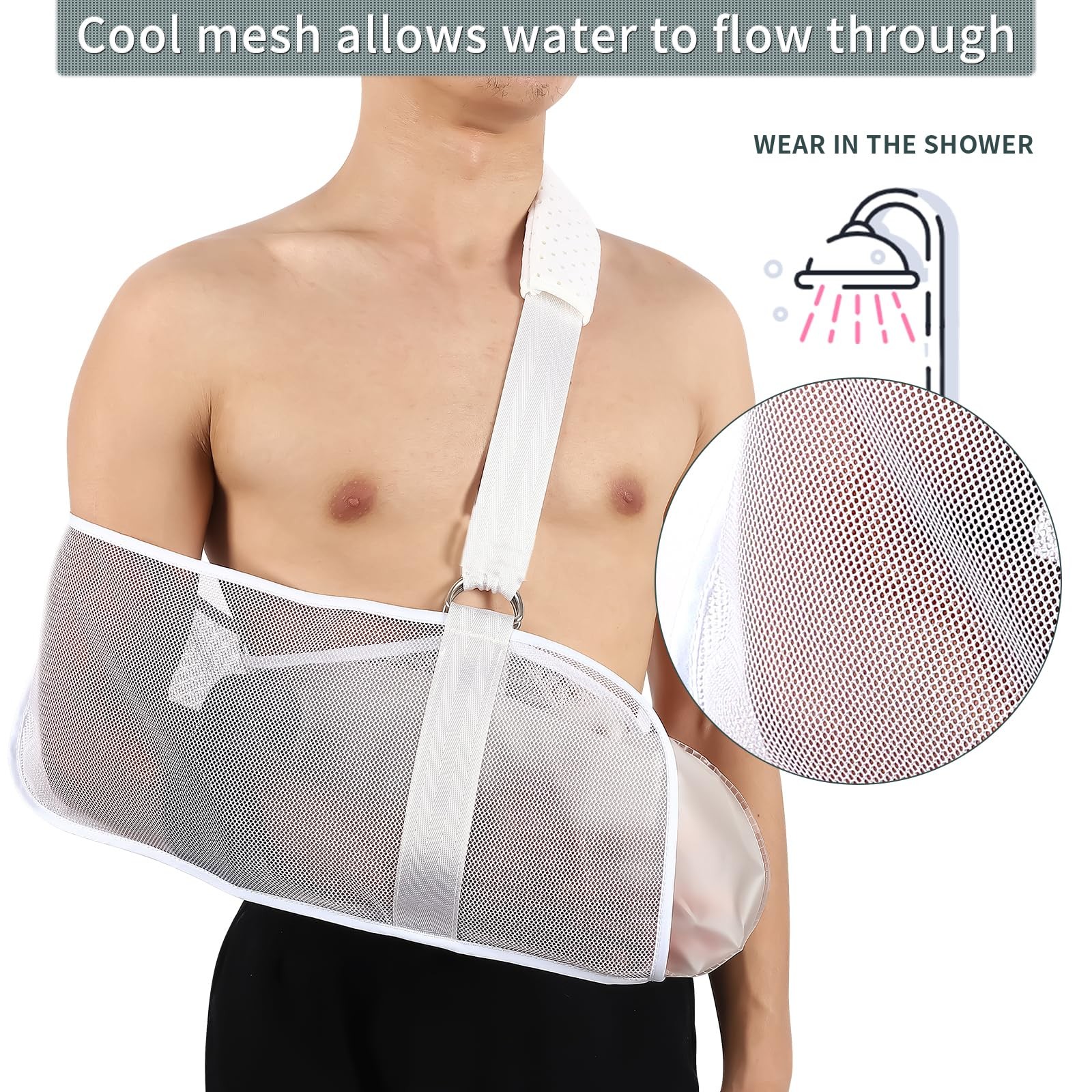 Breathable Mesh Arm Sling Shower Adjustable, Rotator Cuff Injury Right Left Wht