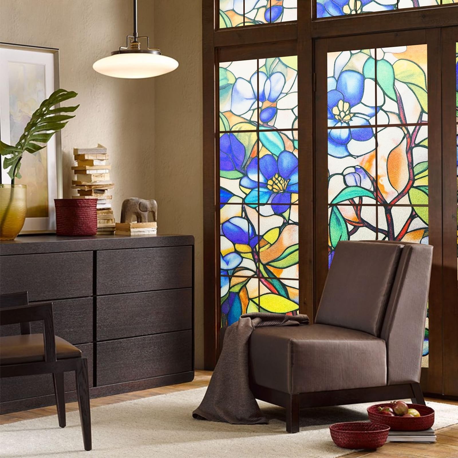 Stained Glass Window Film Floral Privacy Static Cling UV Heat Control 24×36, New