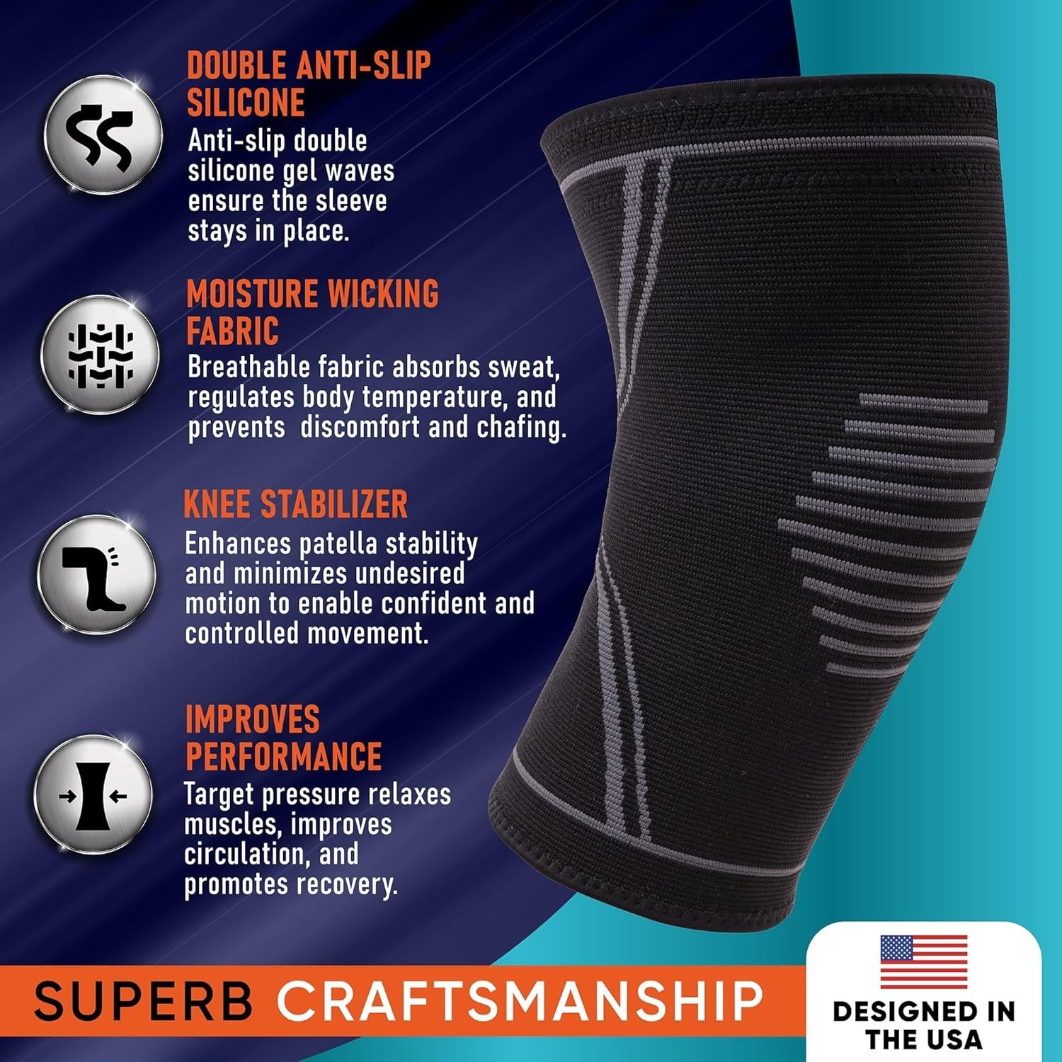 Knee Brace for Pain Relief – 2 Pack Knee Sleeves for Men and Women – Support Lg