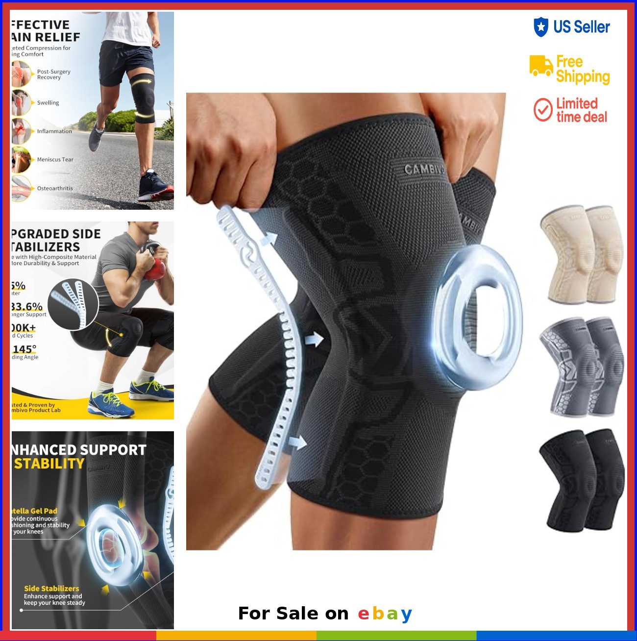 Knee Brace 2 Pack with Patella Gel Pad Side Stabilizers for Pain Relief Running