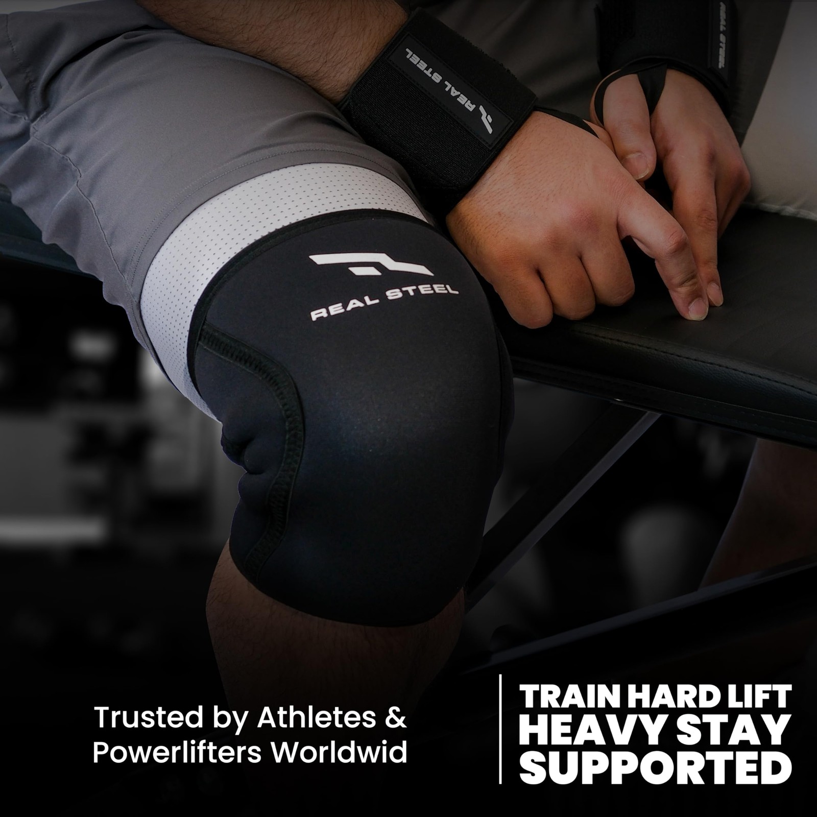 Real Steel Knee Sleeves (1 Pair) With Gym Bag – 7mm Large, Black