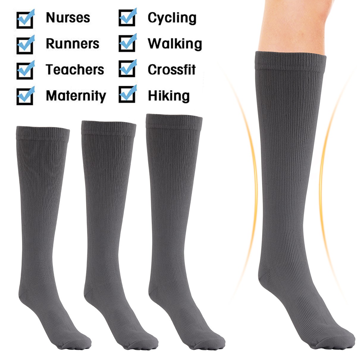 5-Pair Mens Womens Compression Socks 20-30mmHg Running Hiking Nurse Support Gray