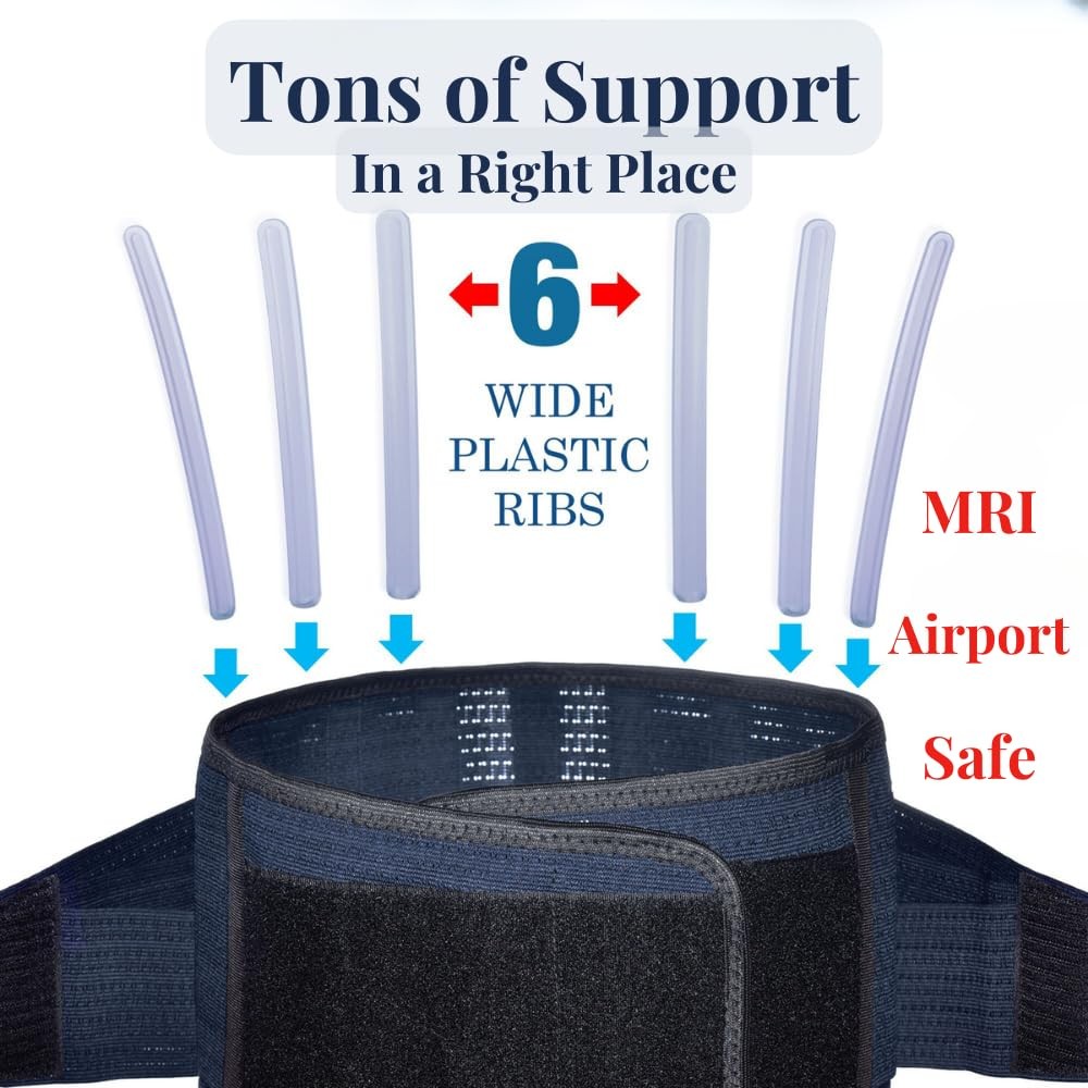Back Support Brace Large 38-45″ – Adjustable Lumbar Belt, 6 Ribs, Unisex