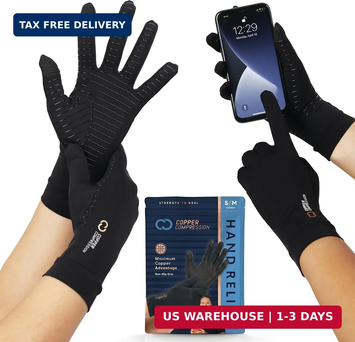 Copper Compression Full Finger Arthritis Gloves – Palm Grips – Touch Screen Fing