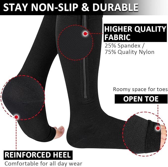 1/2/3 Pairs Compression Socks Open Toe 20-30mmHg With Zipper Leg Safe Protection