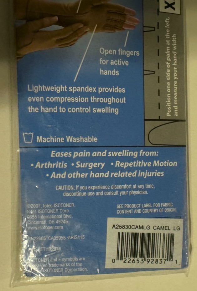 Isotoner Therapeutic Gloves Open Finger Camel Size Large Compression Pain Relief