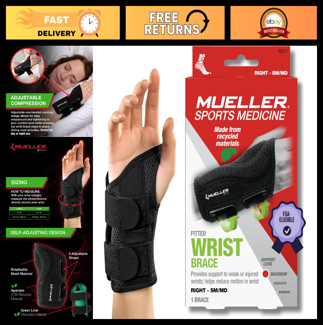 Fitted Wrist Brace for Men & Women – Pain Relief Support for Carpal Tunnel, Arth
