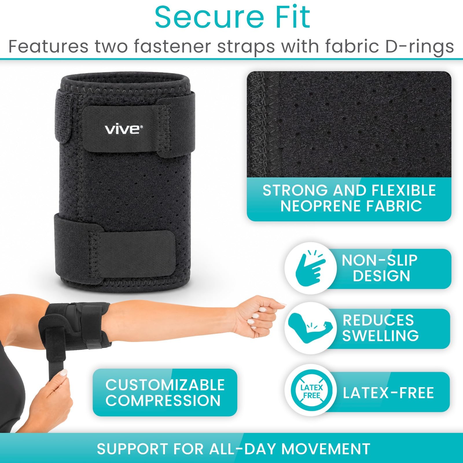 Vive Bicep Brace Compression Sleeve for Tendonitis – Upper Arm Medium, Black