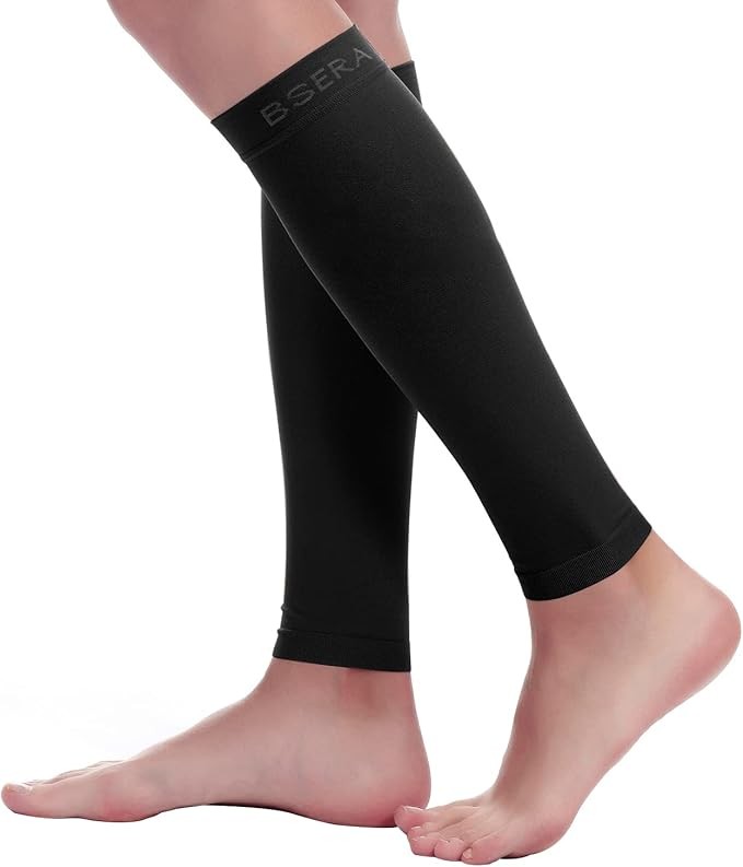 BSERA Calf Compression Sleeve 2 Pairs 15-20Mmhg Calf Support Footless Black