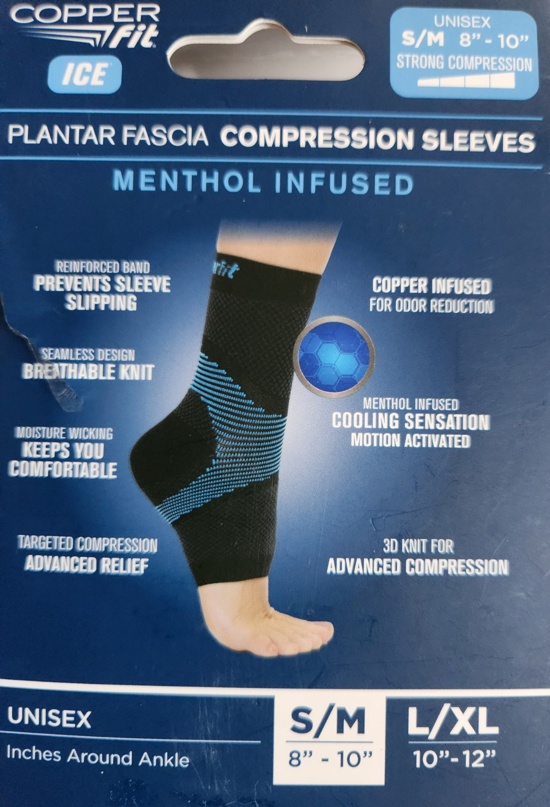 Copper Fit Ice Plantar Fascia Compression Sleeve – 2 Sleeves- Size S/M – Unisex
