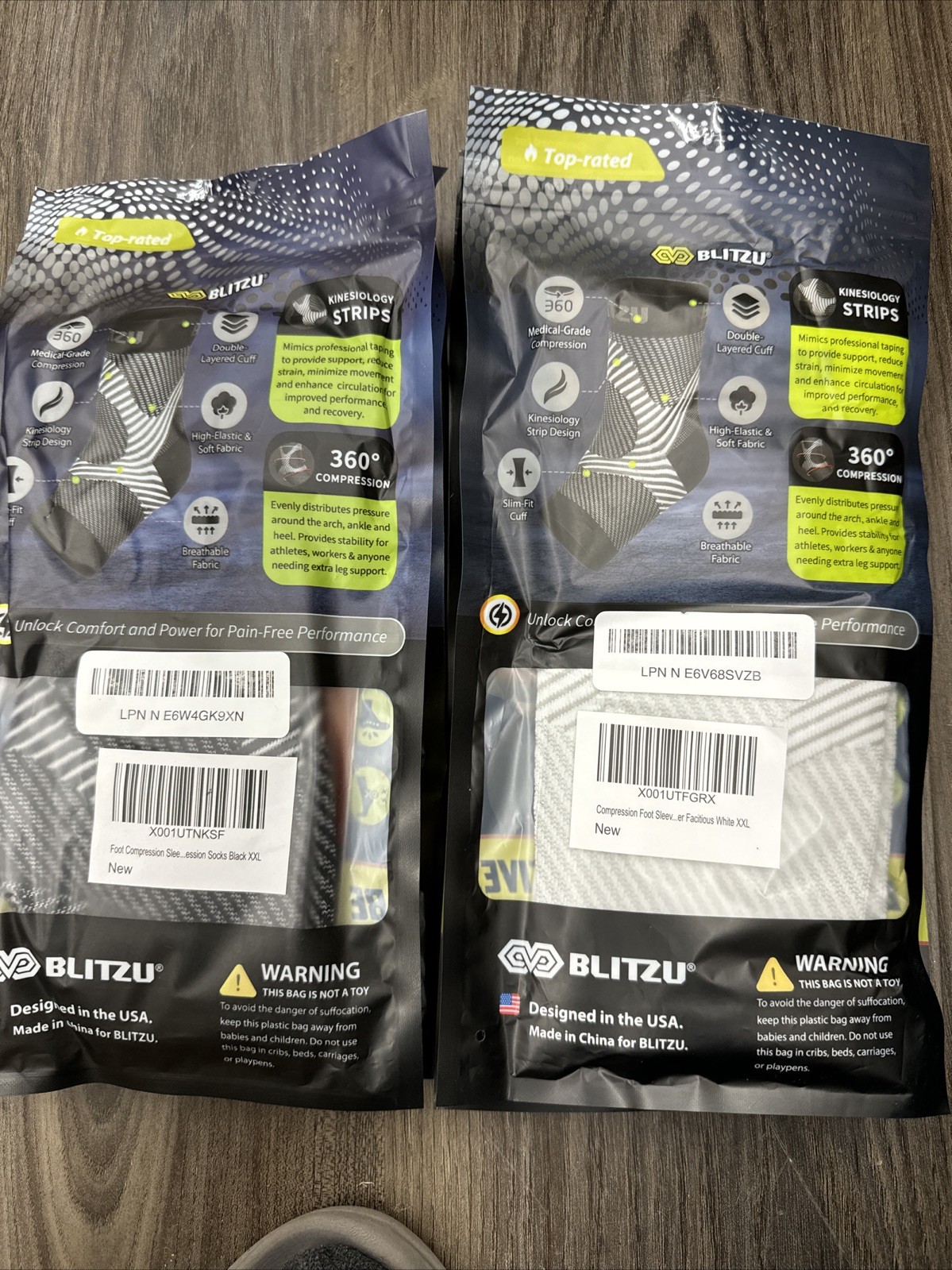 Blitzu Foot Compression Sleeves For Plantar Fasciitis Heel SpursXXL 2grey2white