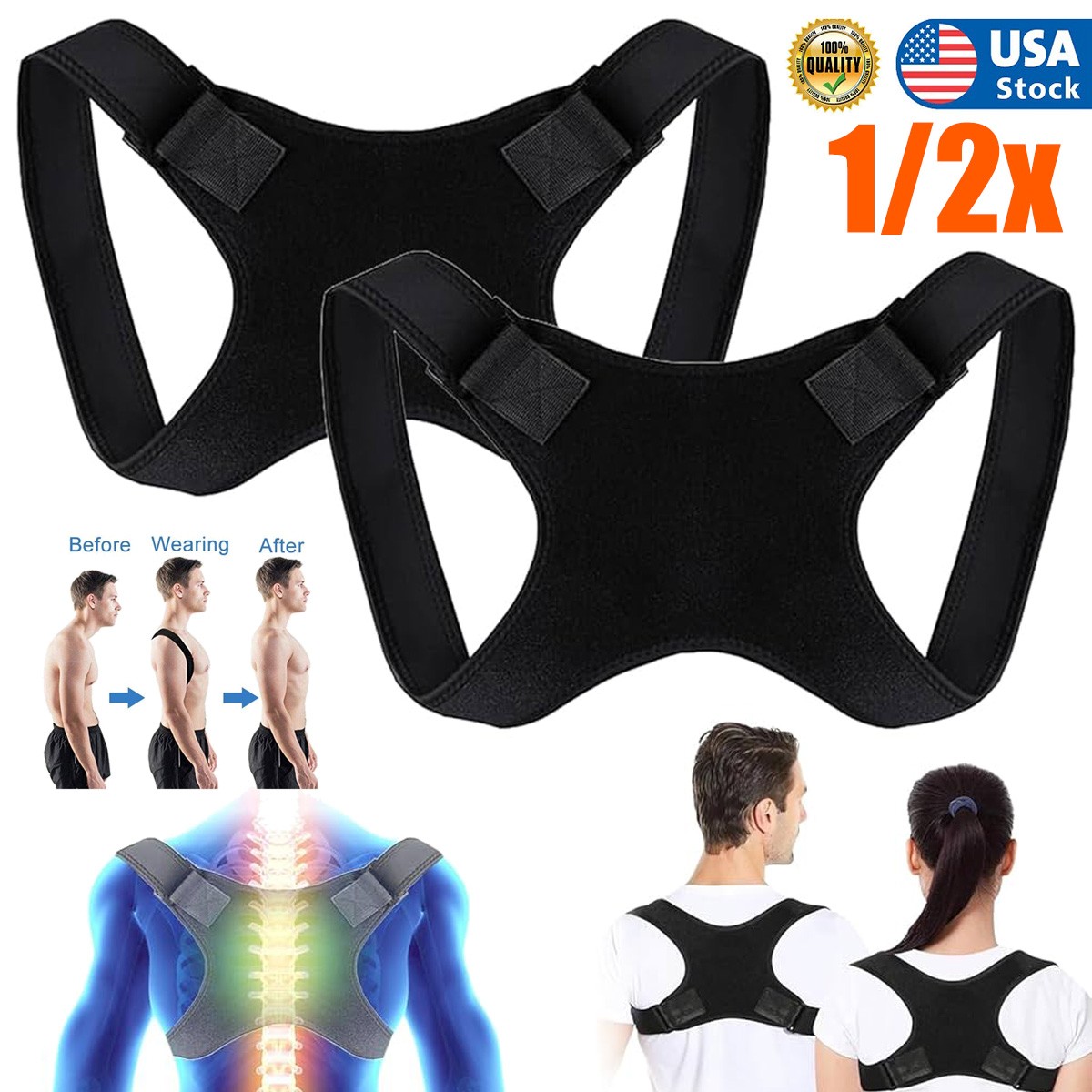 1-2Set Posture Corrector, Back Brace for Men Women,Fully Adjustable Straightener