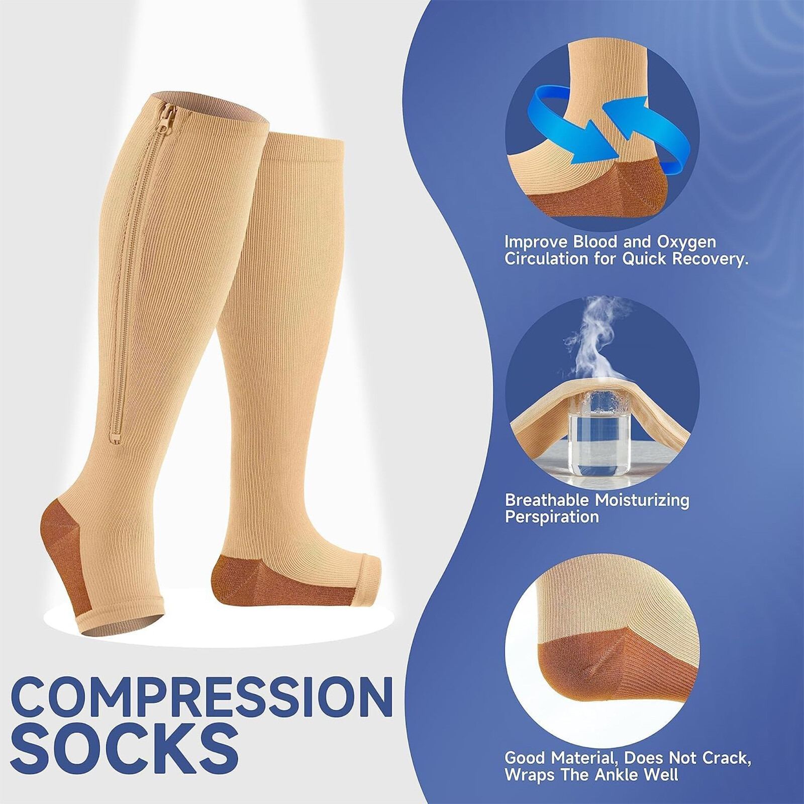 Open Toe Zipper Compression Socks 20-30mmHg Calf Leg Ankle Support Stocking