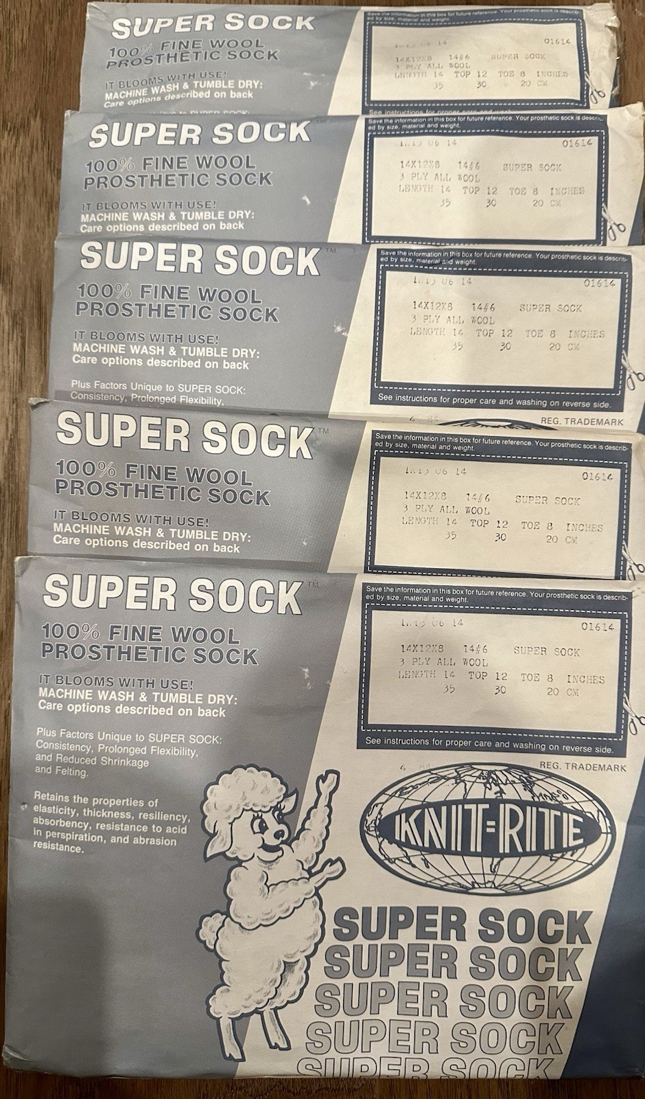 (5) Knit-Rite Prosthetic Super Sock 100% Wool 3 PLY 12” Top 8” Toe x 14” 01614