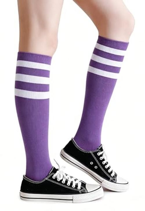Women Men Knee High Athletic Socks Casual Stripes Retro Tube A02-white/Purple