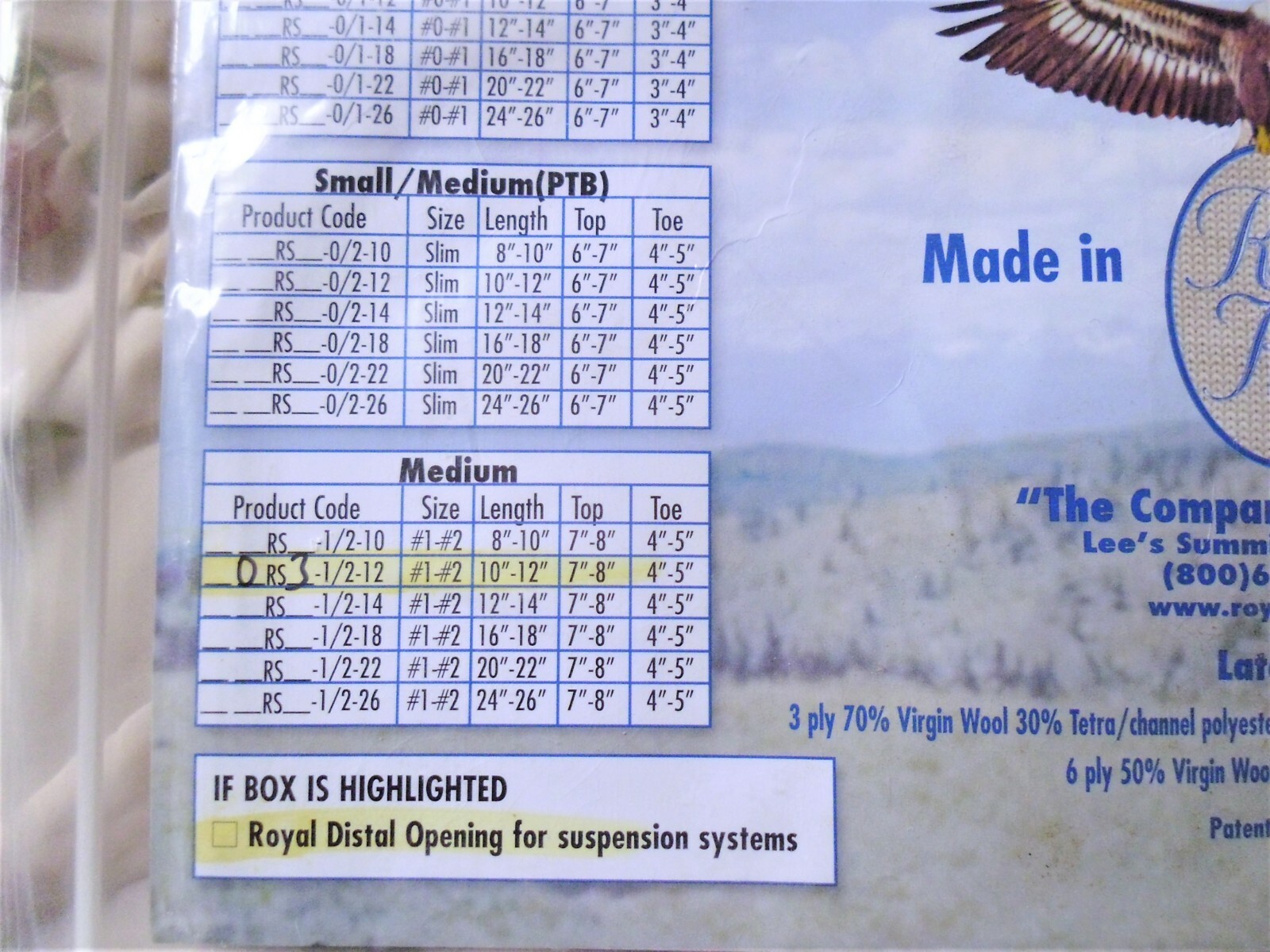Royal Stretch Prosthetic Virgin Wool Sock Size RS3 Med.10″/12″-See Chart