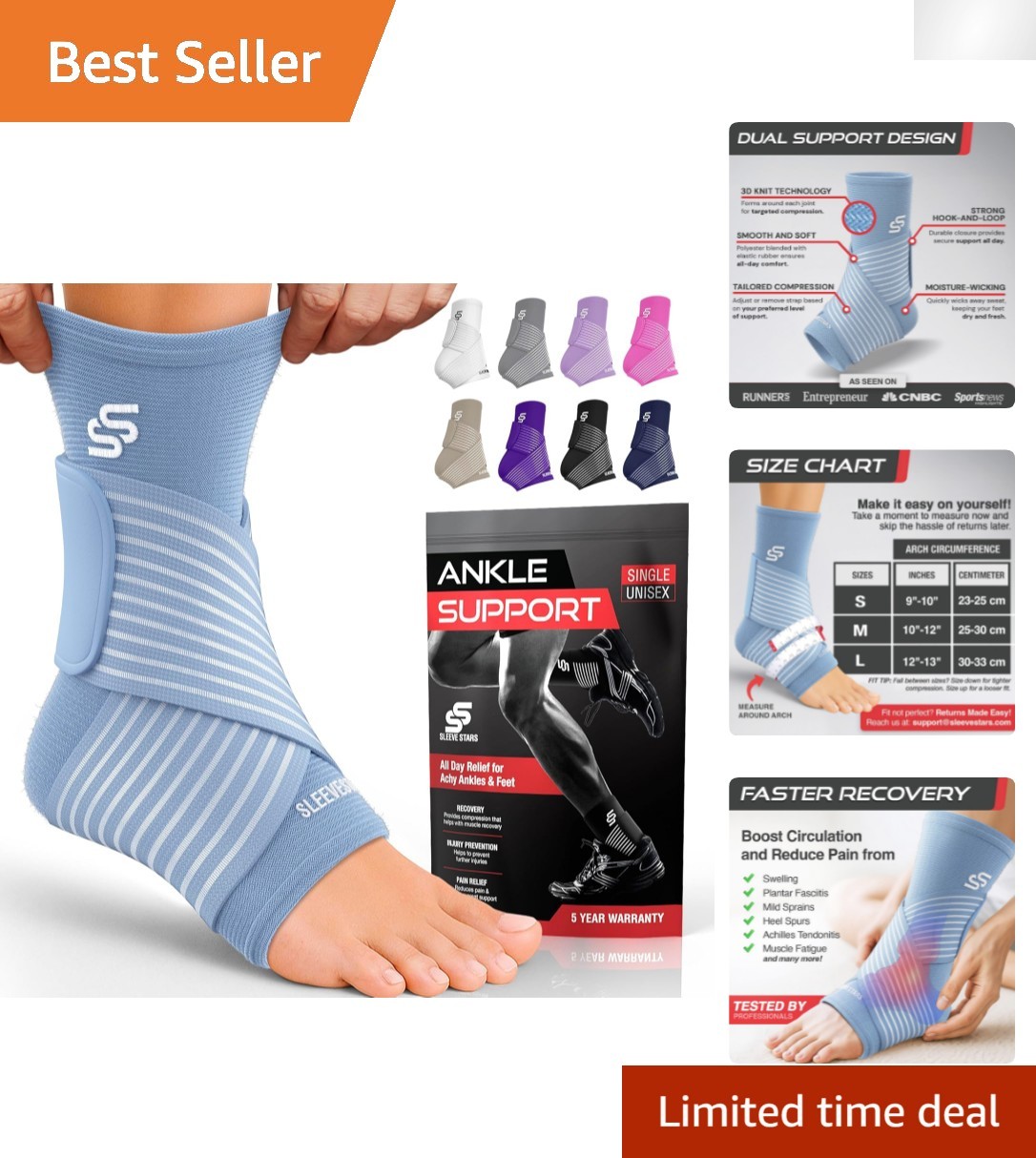 Adjustable Compression Ankle Brace for Ligament Damage – Light Blue, Medium Size