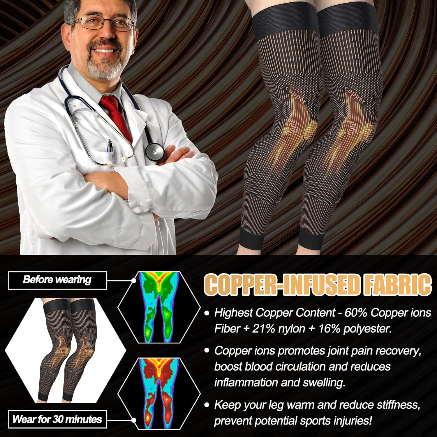 Copper Compression Leg Sleeve, Ultra-Thin Full Leg Sleeve with Copper Ions Infus