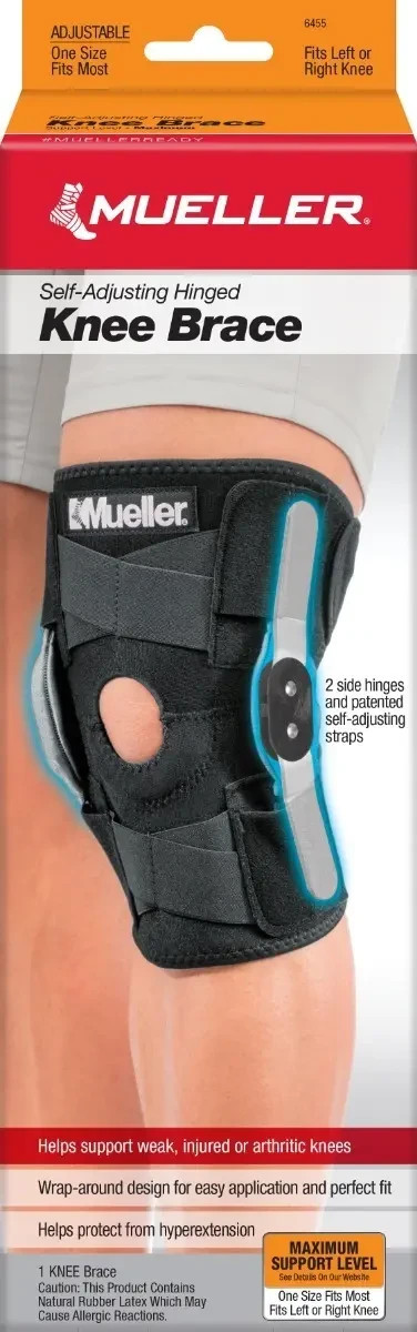 Hinged Knee Brace, Mueller, Self-Adjusting, Unisex, One size, Black New
