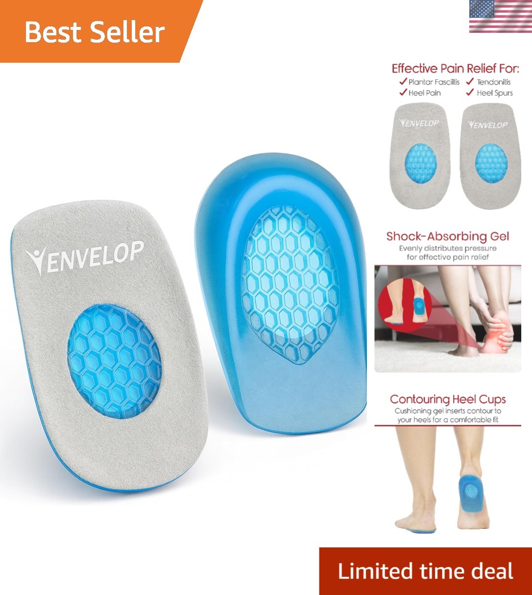 Vive Gel Heel Cups – Unisex Cushioned Inserts for Foot Pain Relief in Large Size