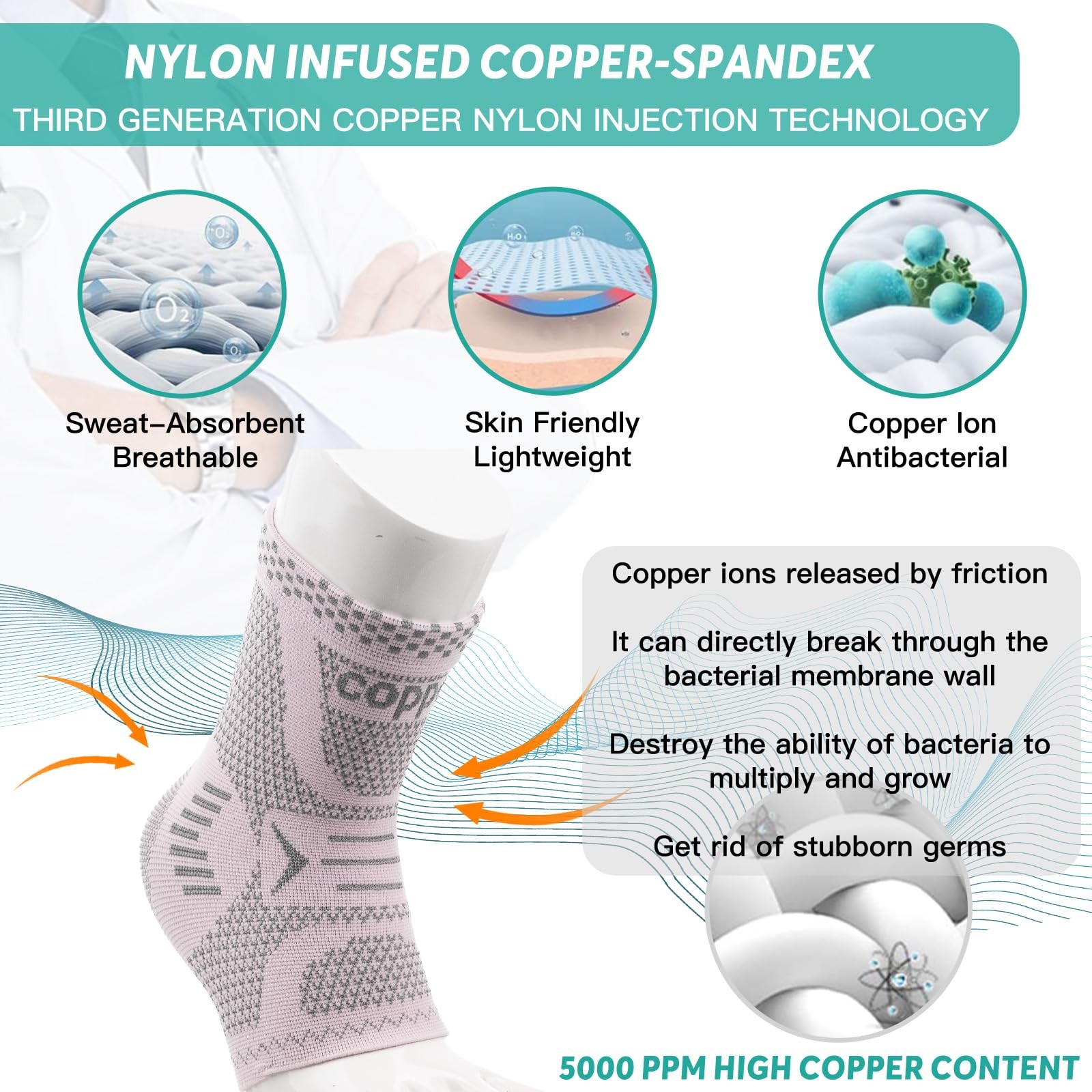 Ankle Brace Sprained Compression Sleeve Copper Pink Silver L 2 Pr