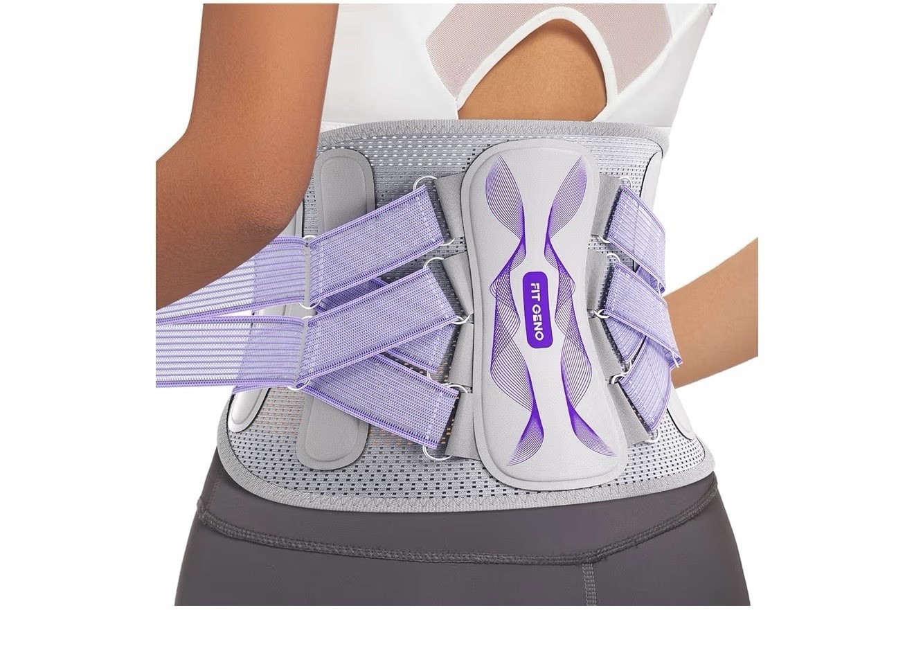 FITGENO Adjustable Lumbar Support Belt Mesh Elastic Back Brace Gray Purple