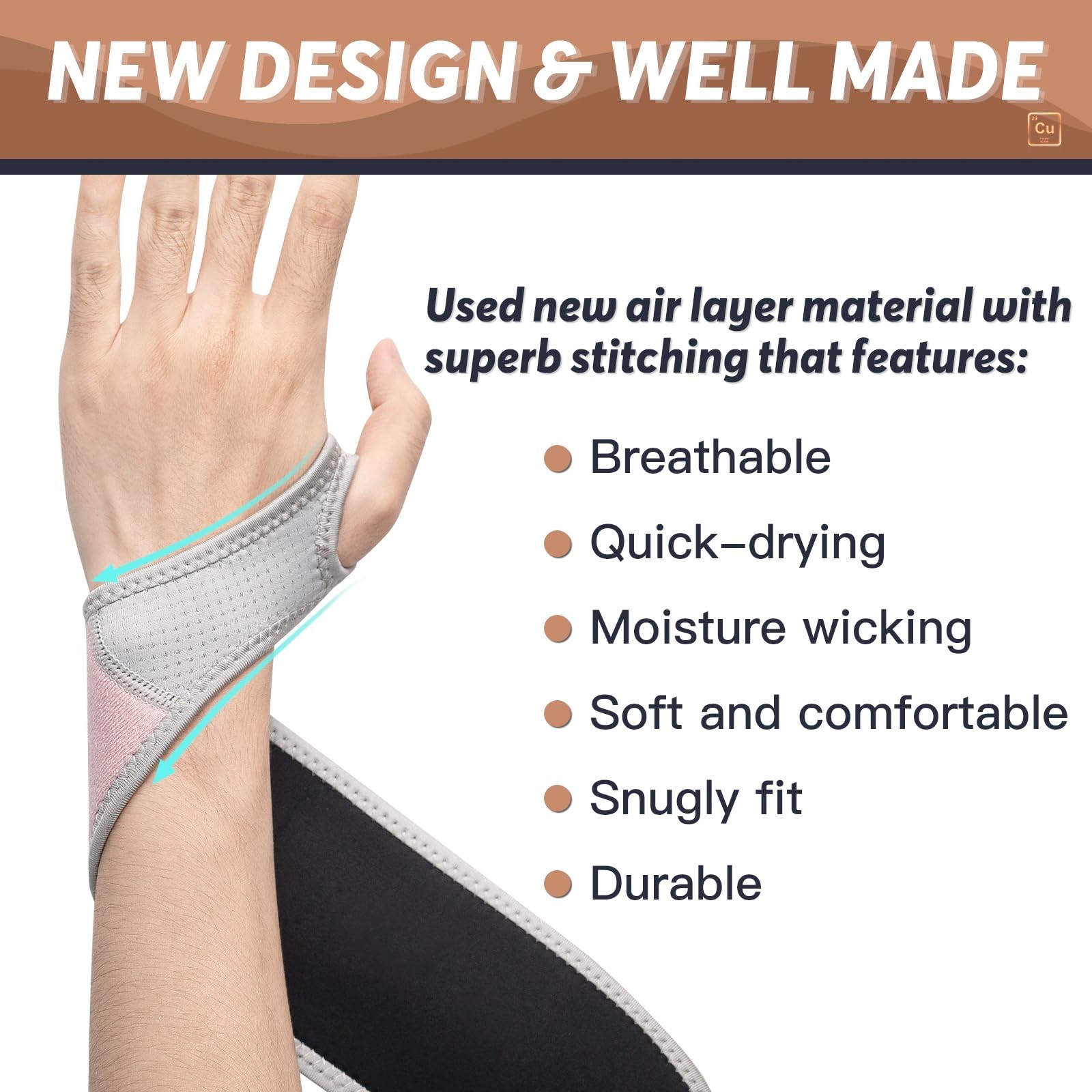 2 Pack Copper Carpal Tunnel Wrist brace, Compression Wrist Band Wraps for Spr…