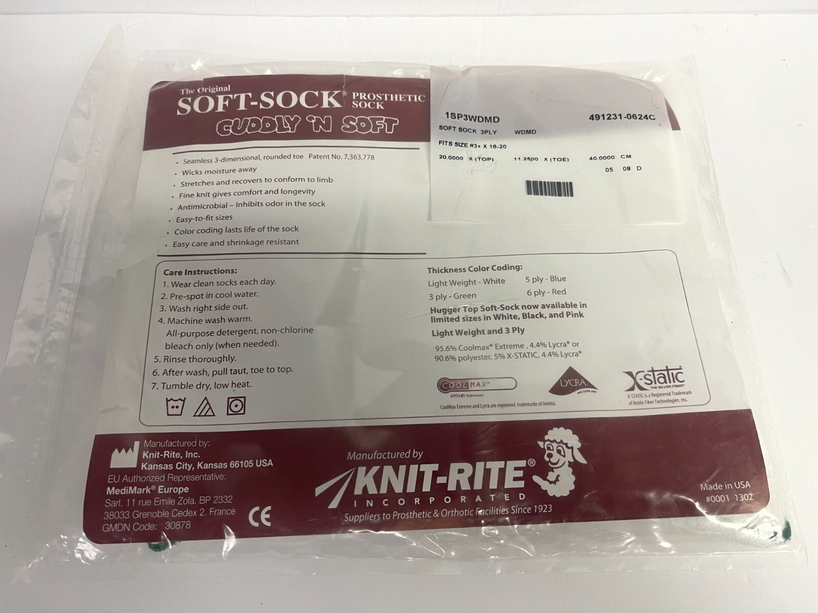 N345 – One Knit -Rite Prosthetic Cuddly ‘n Soft Sock #1SPSRGSH Size #3+ x 16-20