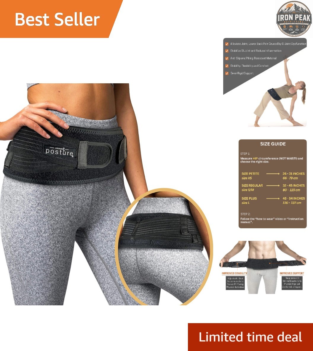 Sacroiliac Hip Belt Regular Size 32″-45″ Black Silicone Pain Relief Support