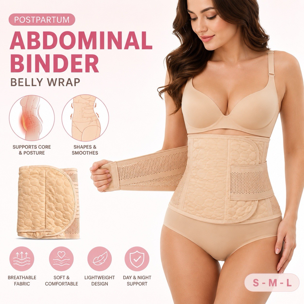 Women Postpartum Belly Binder Compression Wrap C-Section Support Belt Light Pink