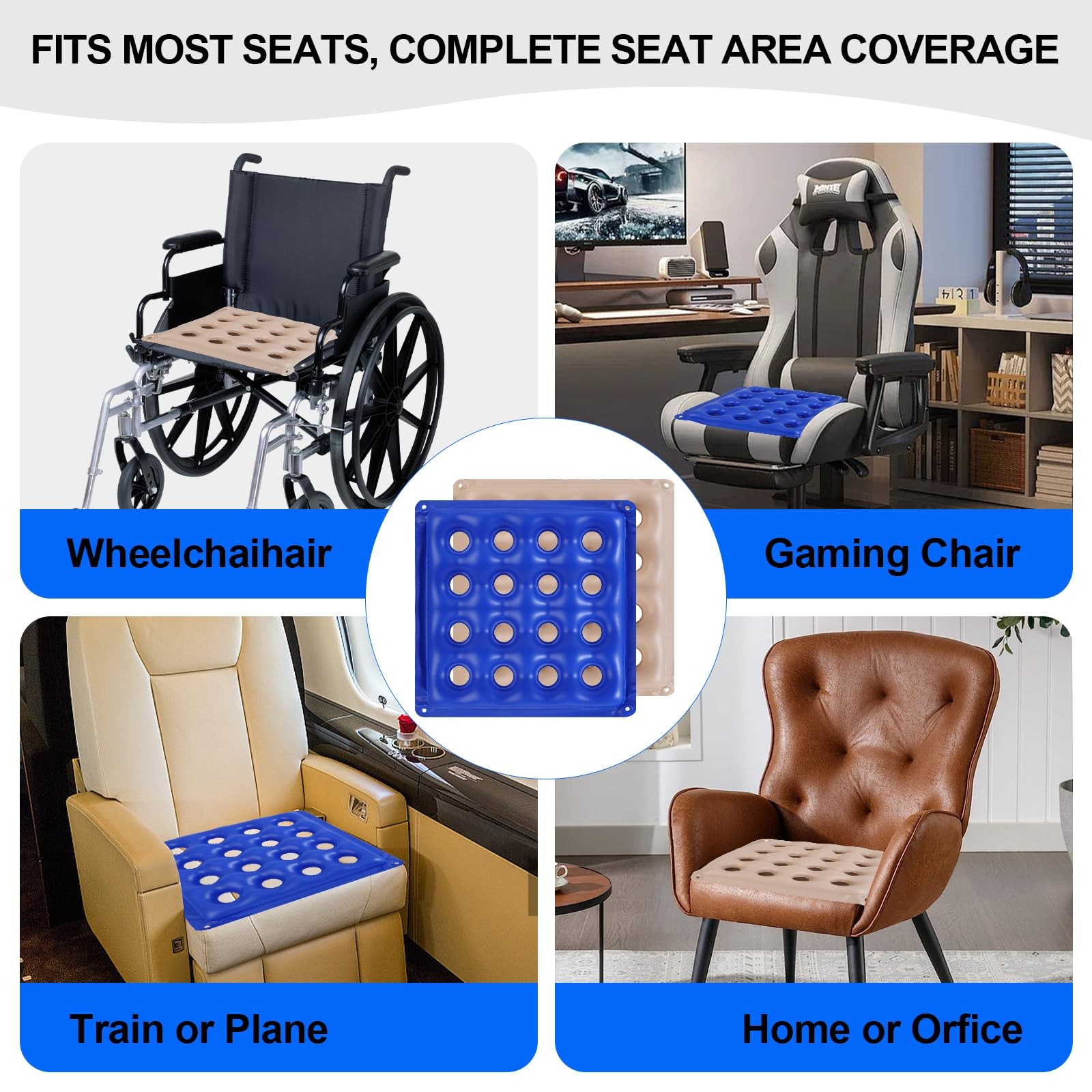 2-Pack Inflatable Seat Cushions, Pressure Relief Waffle Large, Blue and Cream