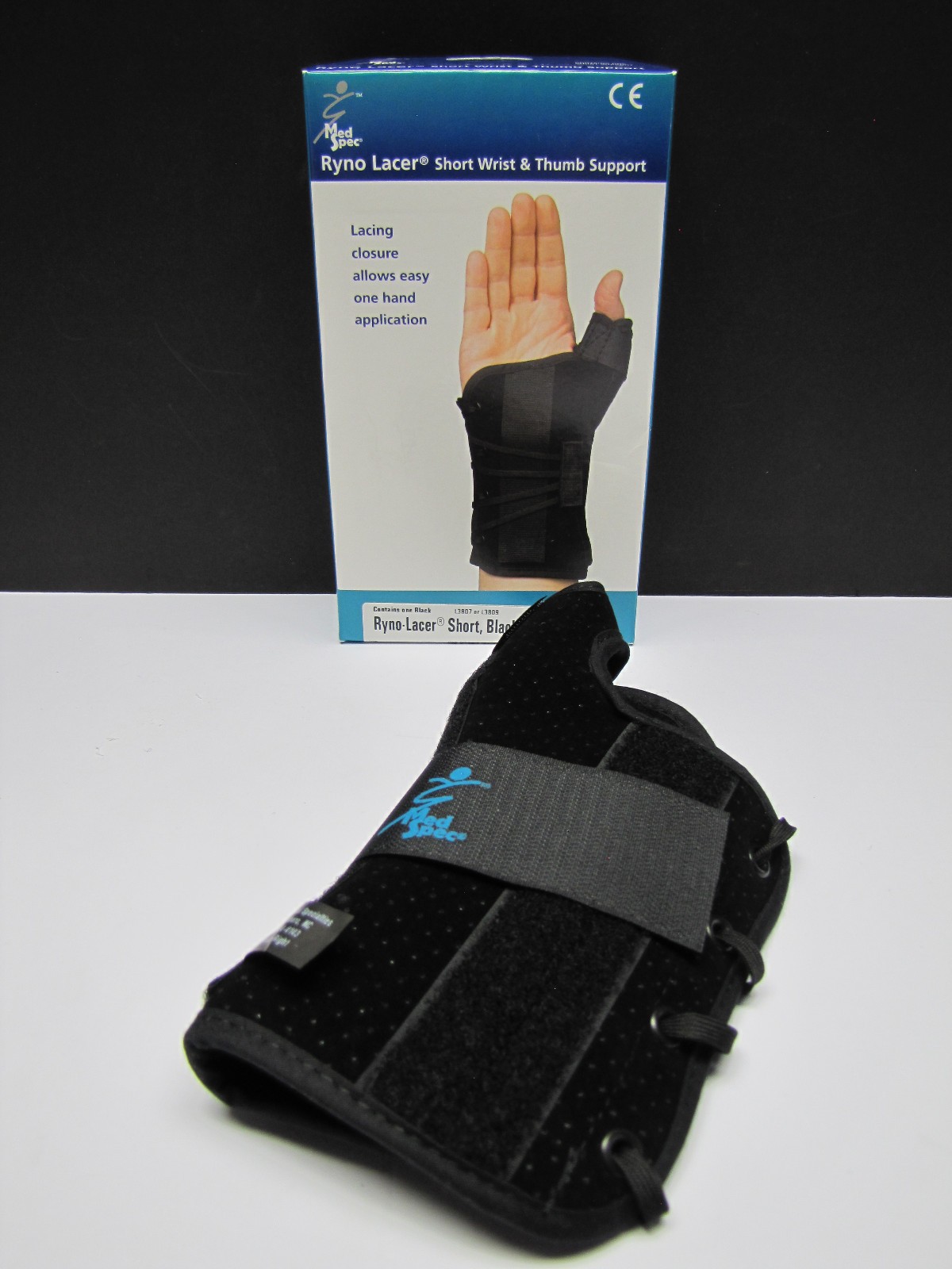 Med Spec Ryno Lacer Wrist Sprain T-Spica Support Brace Short, Black Right Medium