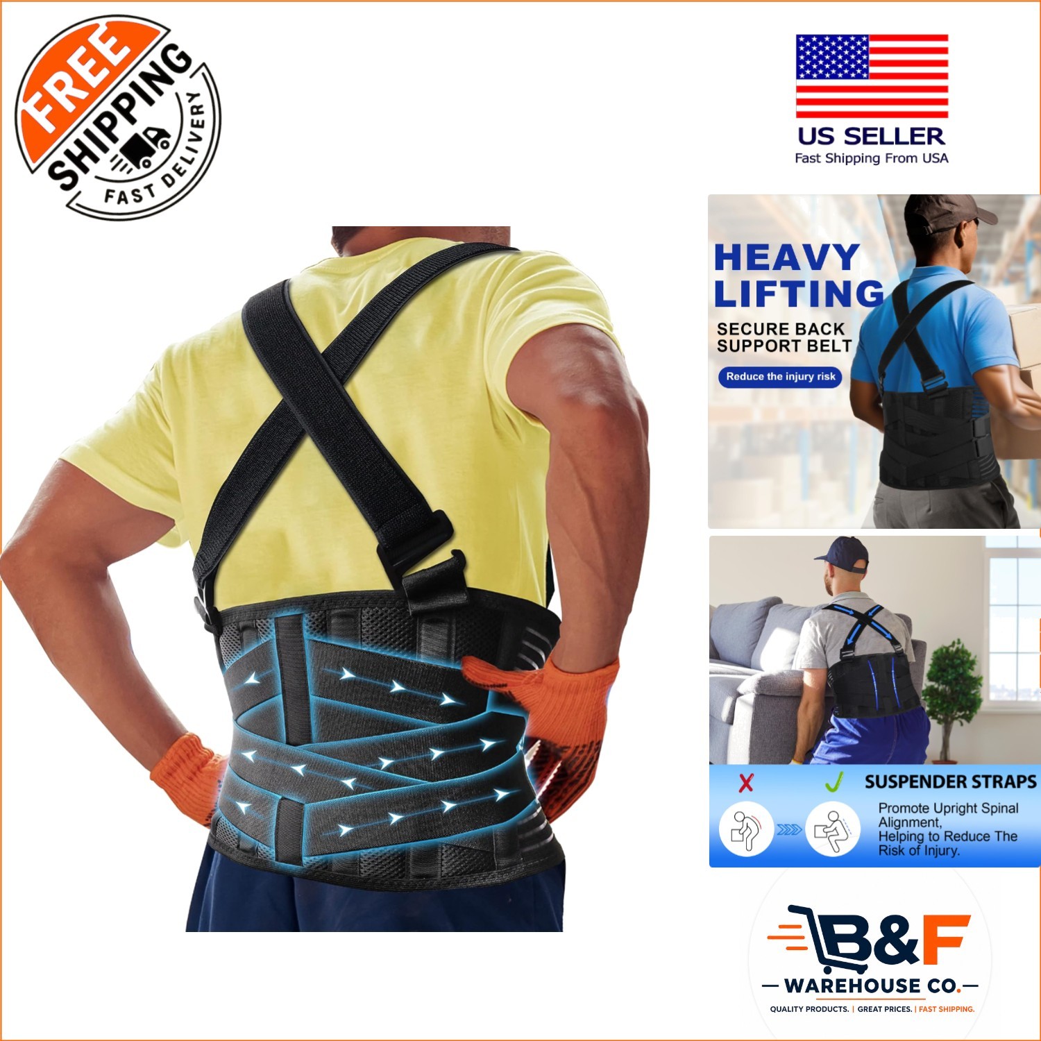 Ergonomic Back Support Belt with Removable Suspenders for Heavy Lifting Safety