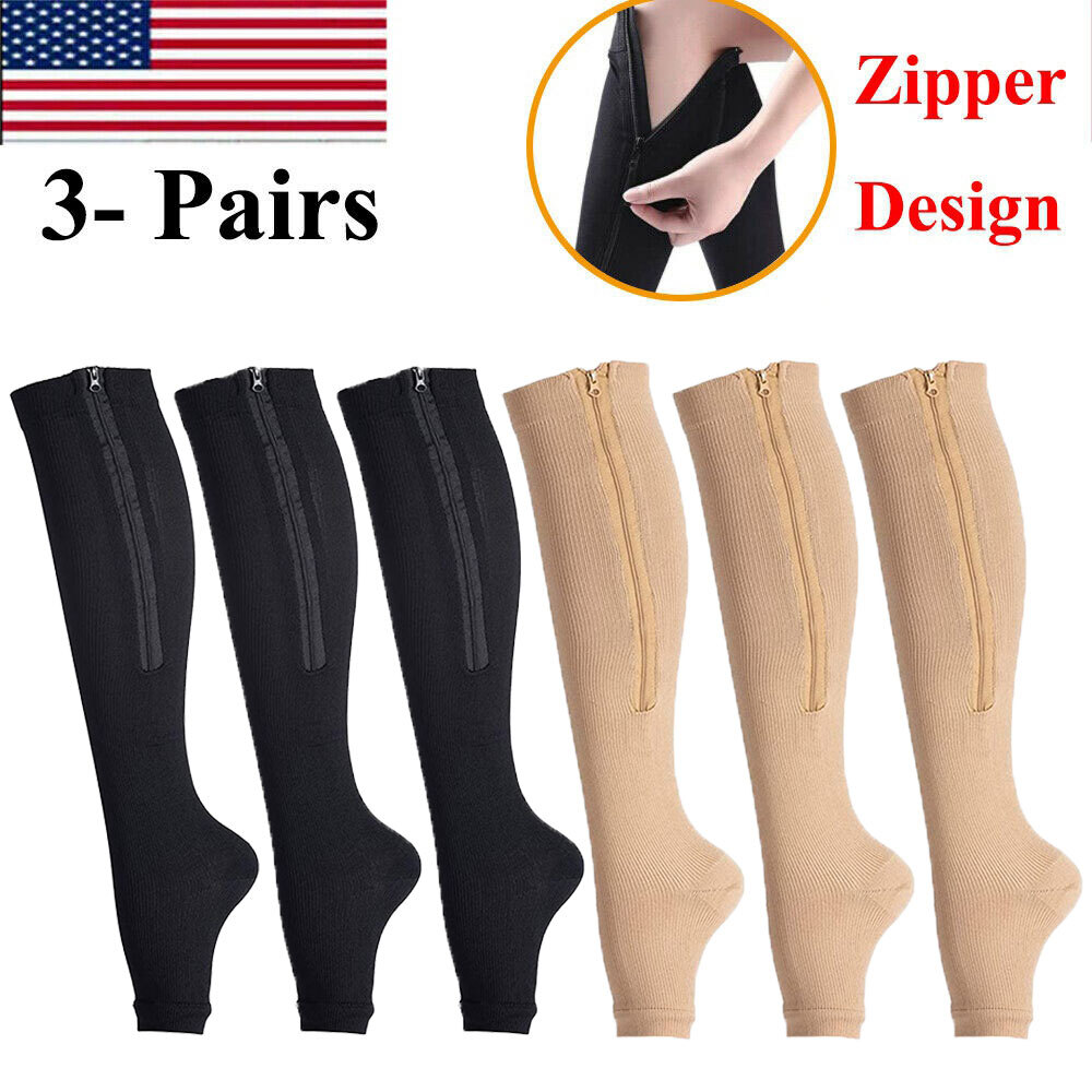 3Pair Zipper Compression Socks Knee High Open Toe Stockings 20 mmhg for Diabetic