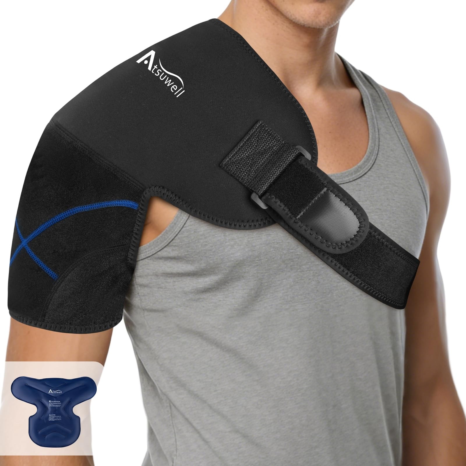 Atsuwell Shoulder Ice Pack Wrap & Brace for Rotator Cuff Cold Large, Black