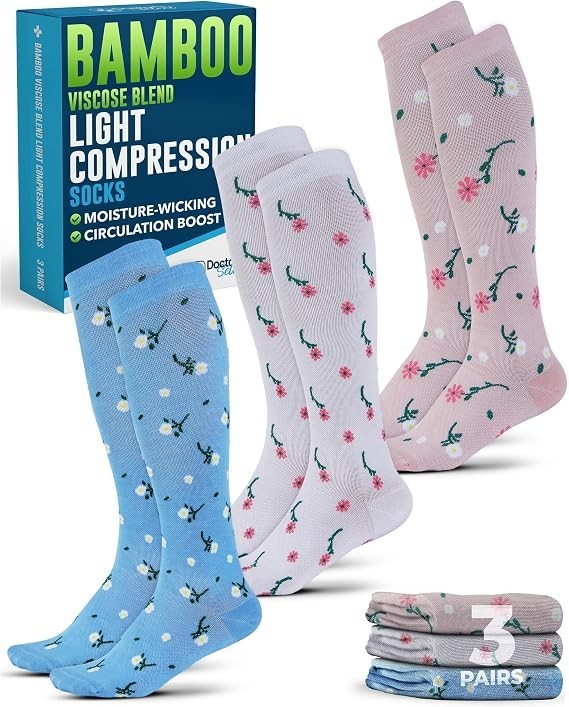 Compression Socks Bamboo Viscose Light Knee High 3 Pairs for Men & Women