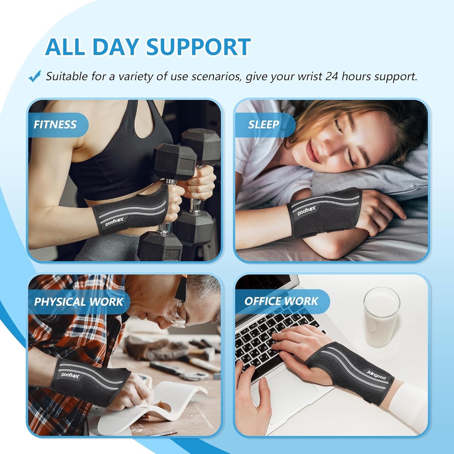 Carpal Tunnel Wrist Brace with Wrist Support – Light Gray on Black, Right, Large