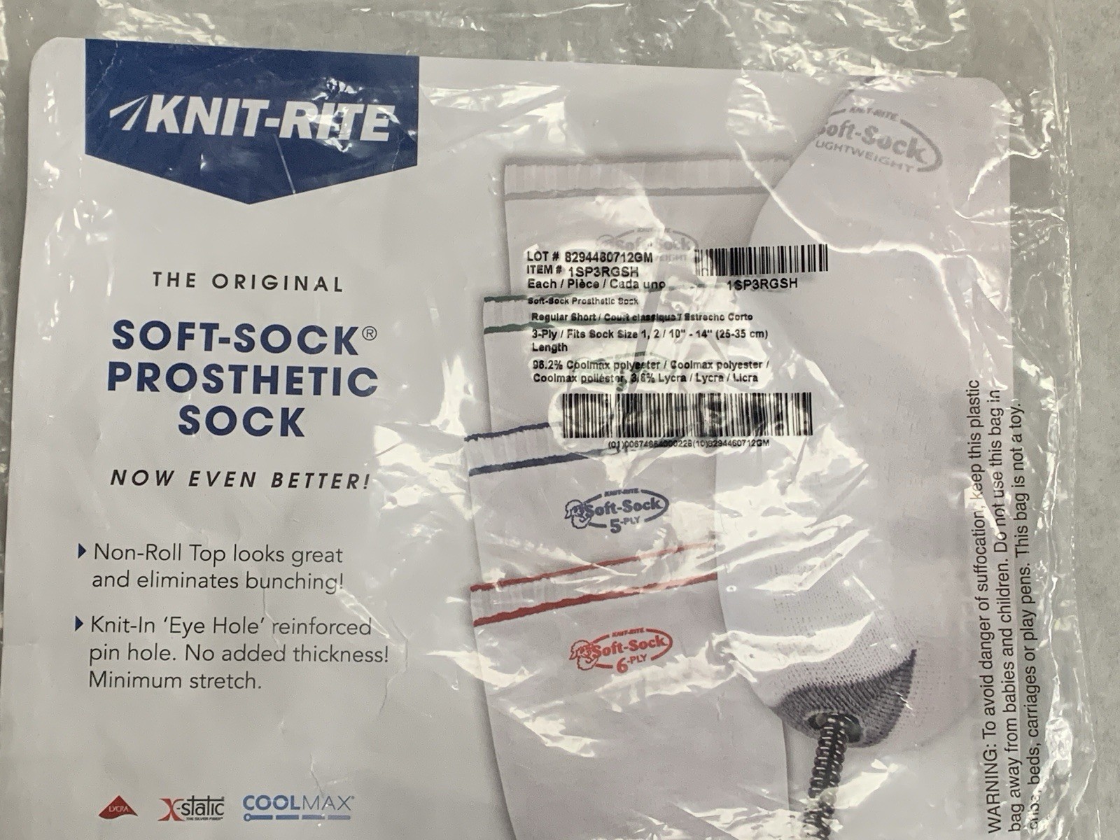 New Knit-Rite Soft Sock Prosthetic Sock Sz #1, #2 X 10-14 3Ply Hole 1SP3RGSH