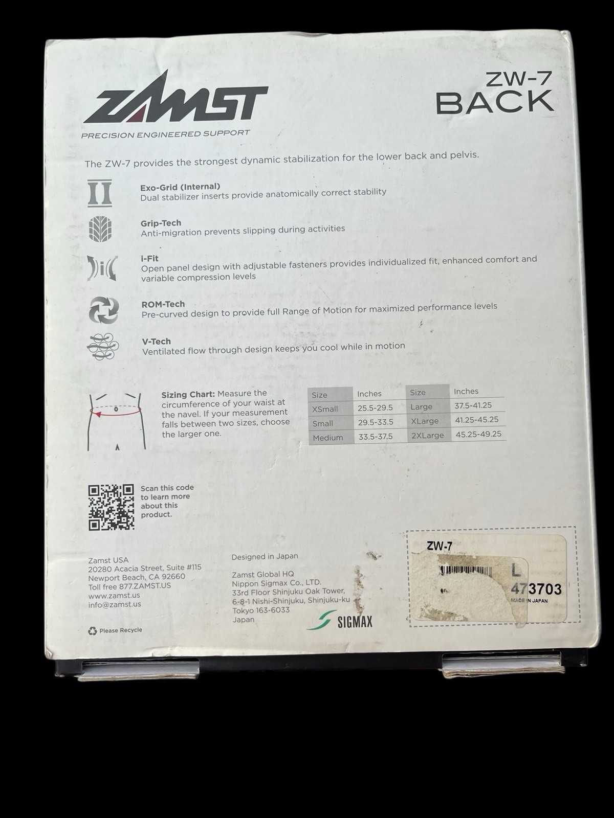 ZAMST Waist Supporter ZW-7 Pelvis Lower Back Corset Strong Stabilizer Size L
