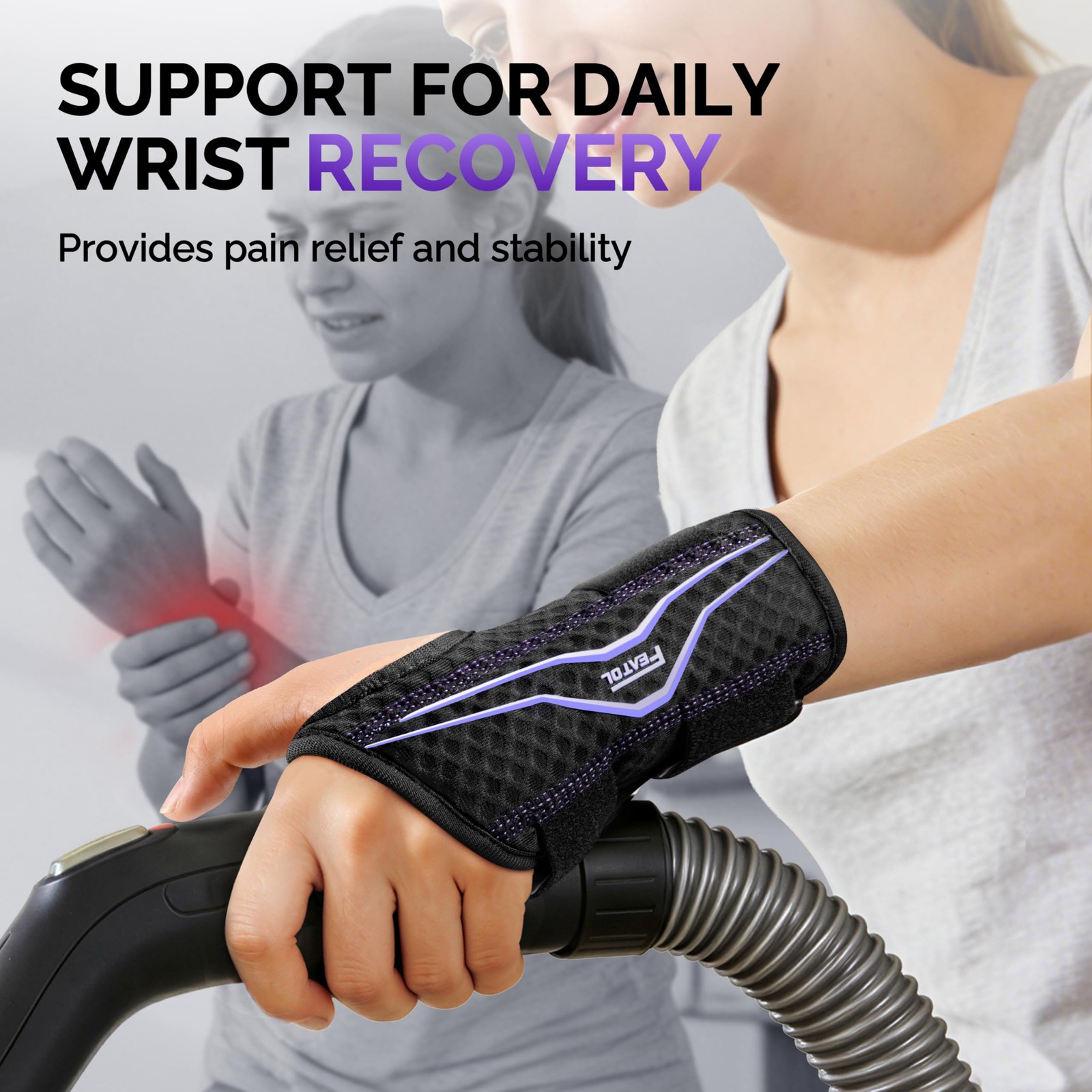 FEATOL Wrist Brace with Ergonomic Splint Right Medium, Black Purple