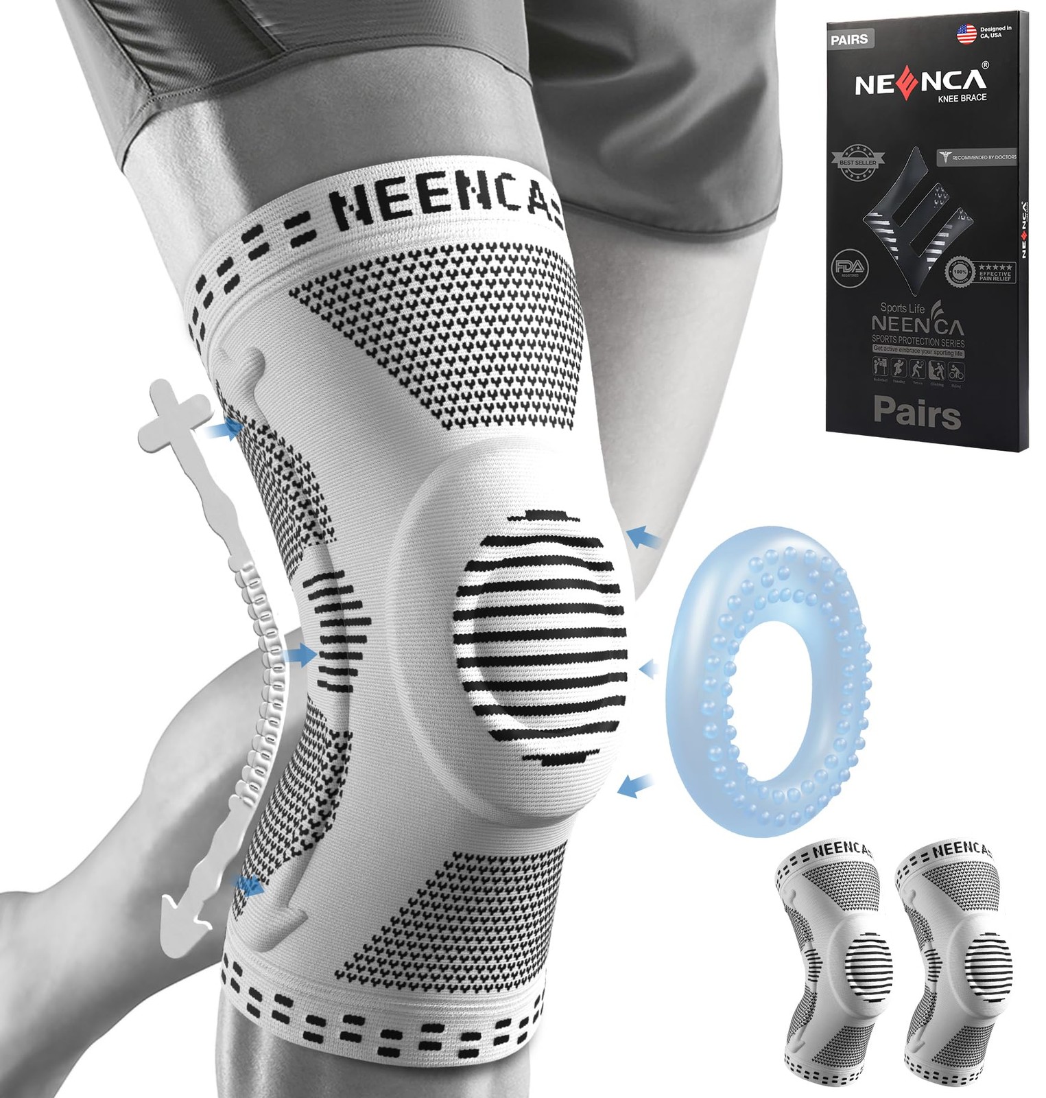 NEENCA Professional Knee Brace, Medical Support Large, Grey (pack of 2)