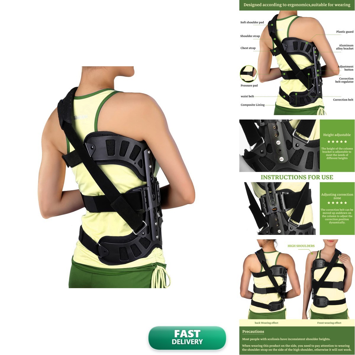 ZHUNPOCT Adjustable Scoliosis Back Brace Cervical Support BO12
