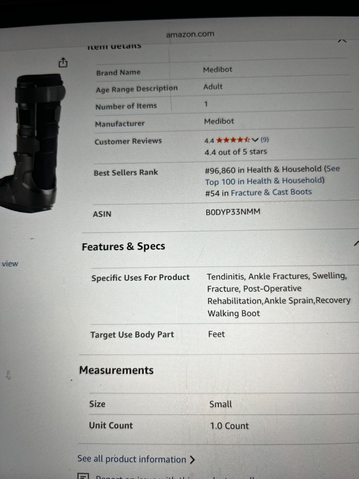 Walking Boot MEDIBOT TALL Foot Ankle Brace Support Small Black air compression