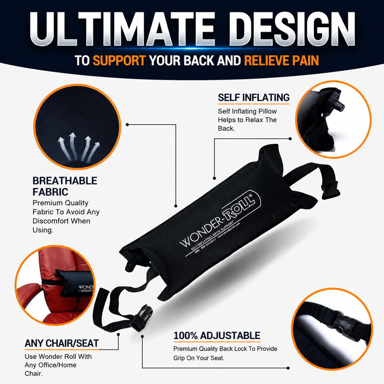 Wonder Roll Inflatable Lumbar Support Pillow–Self Inflating Medical Back Support