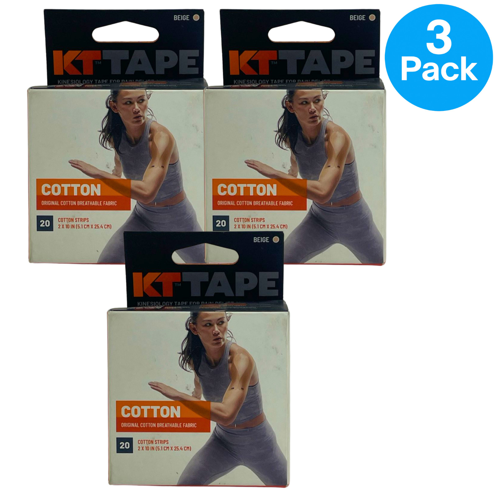 KT TAPE Original Cotton Kinesiology Tape Pre-Cut Strips Beige 2 x 10 in (3 Pack)