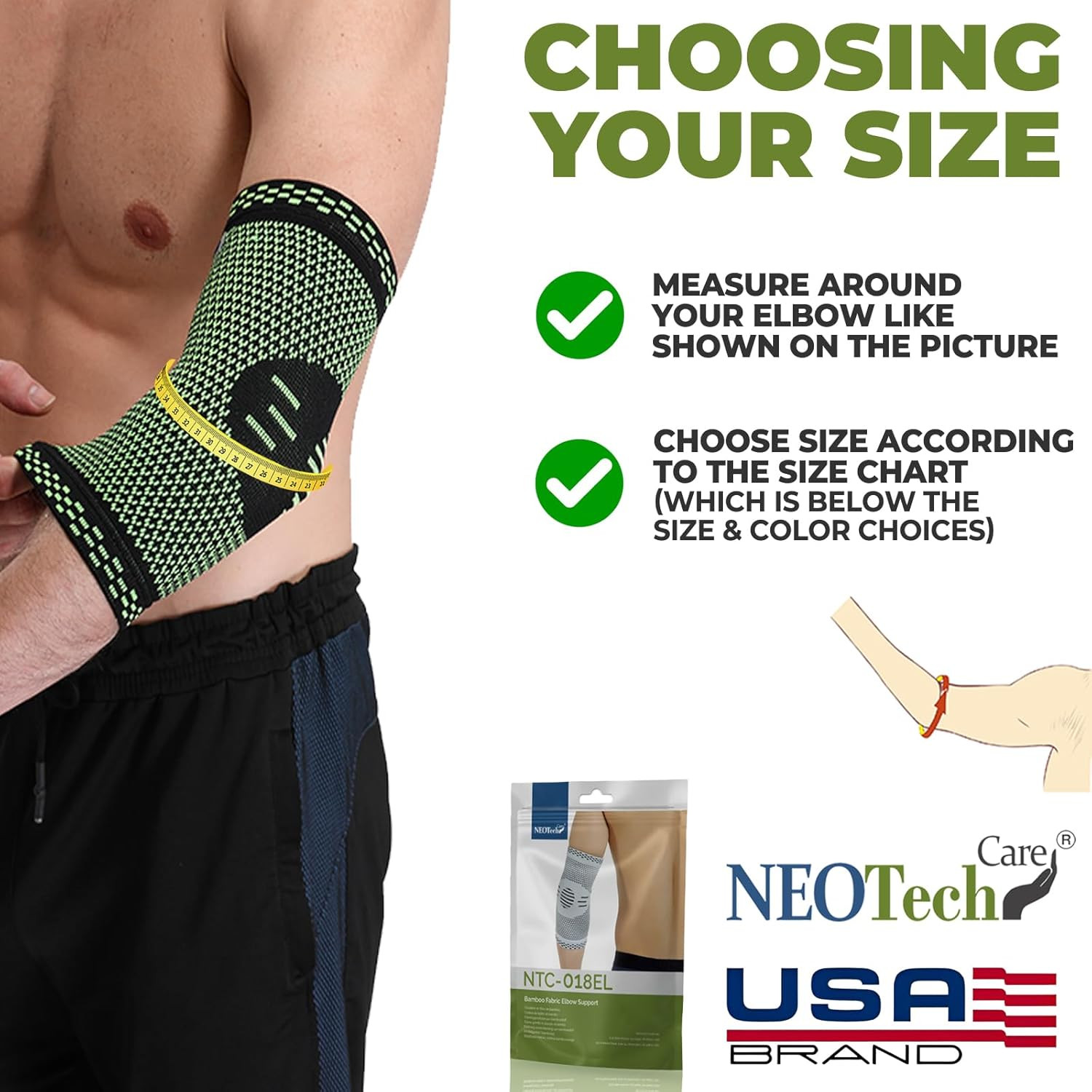 Elbow Support Brace – Breathable – Men, Women, Right or Left (Green Color, Size