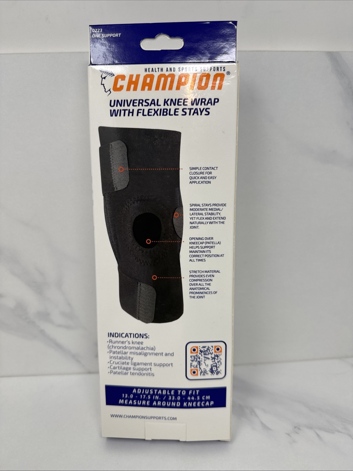 Champion Universal Knee Wrap with Flexible Stays Black 0223 Fits Most New Box