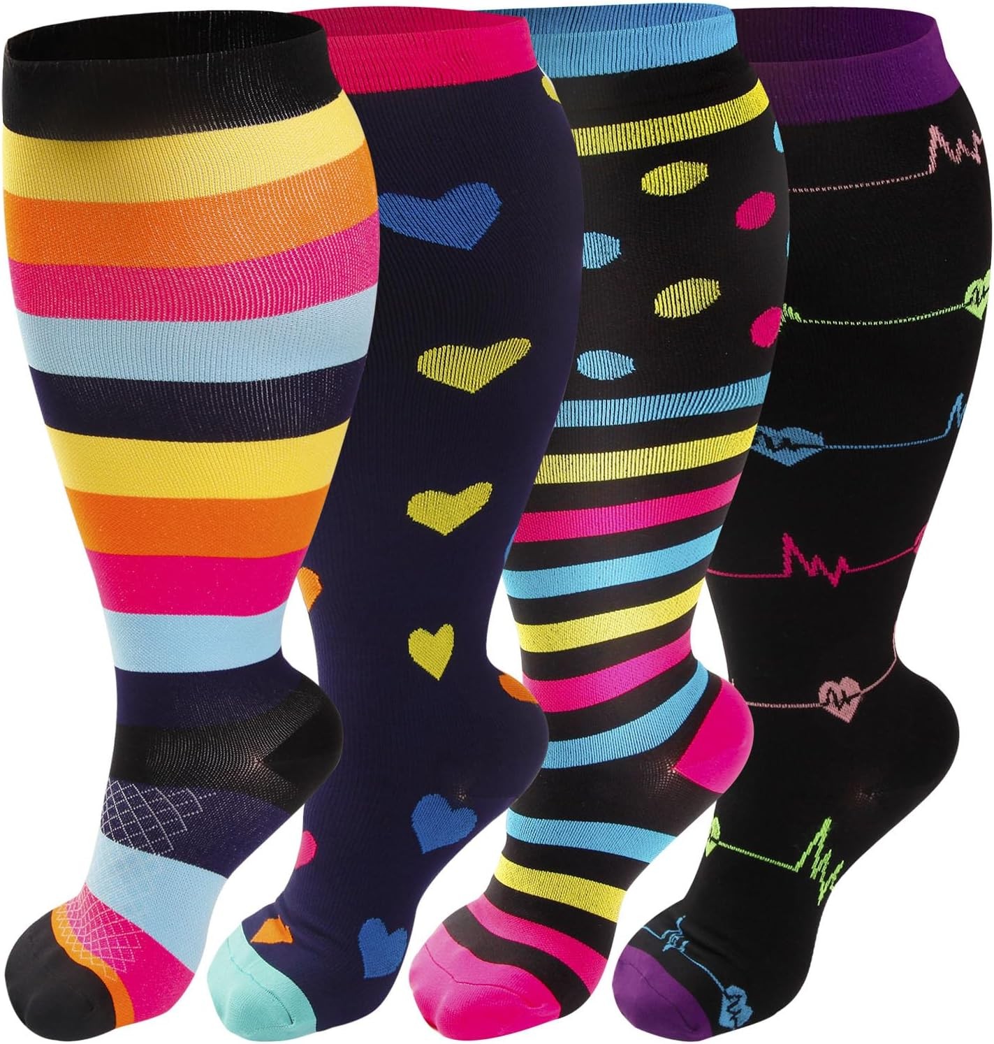 4 Pairs Plus Size Compression Socks 20-30 mmHg Wide Calf