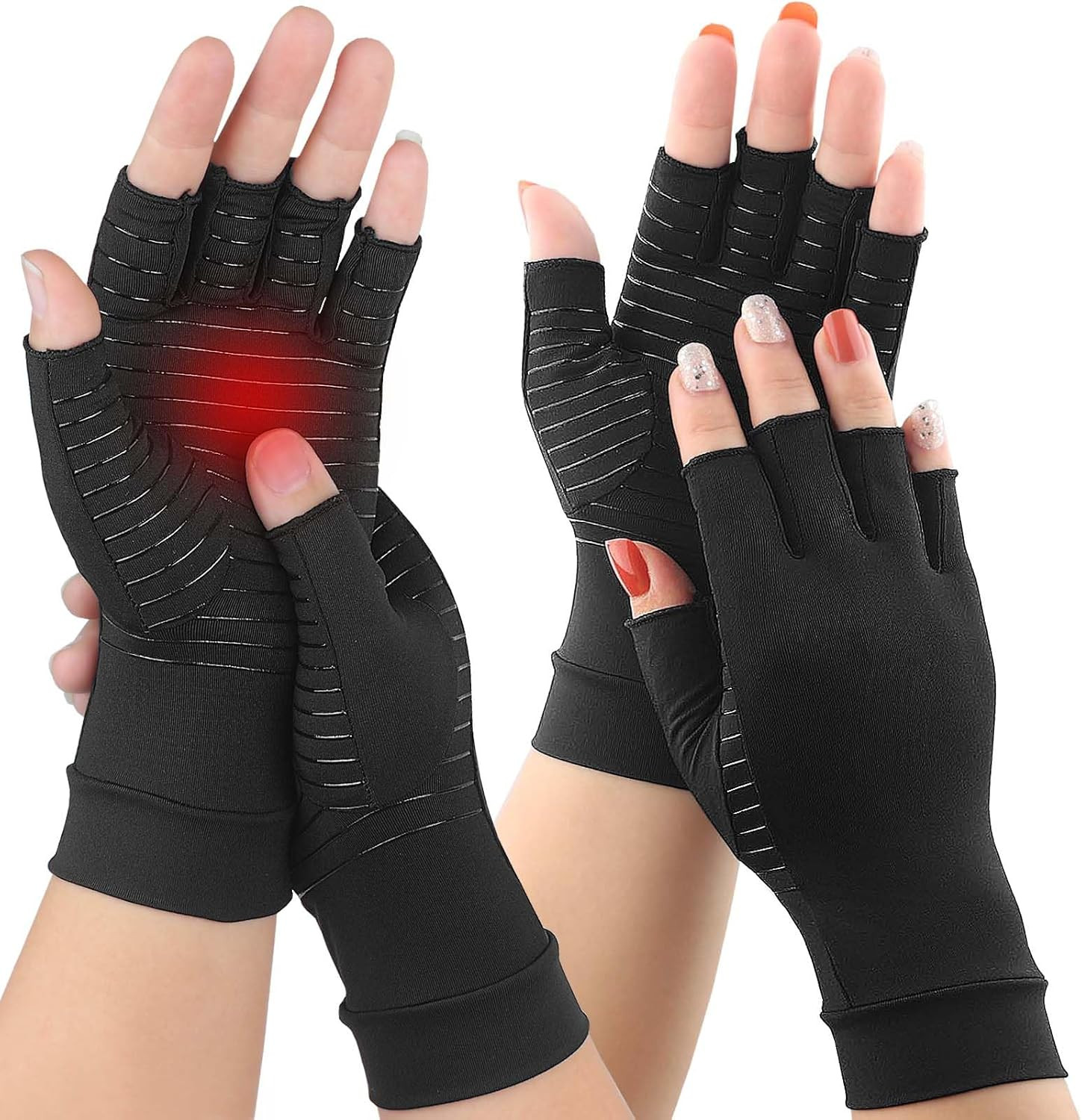 2Pairs Copper Arthritis Compression Gloves for Women Men, Fingerless Compression