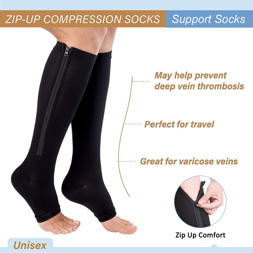 Open Toe Zipper Compression Socks Support Graduated Stockings Unisex 20-30mmHg